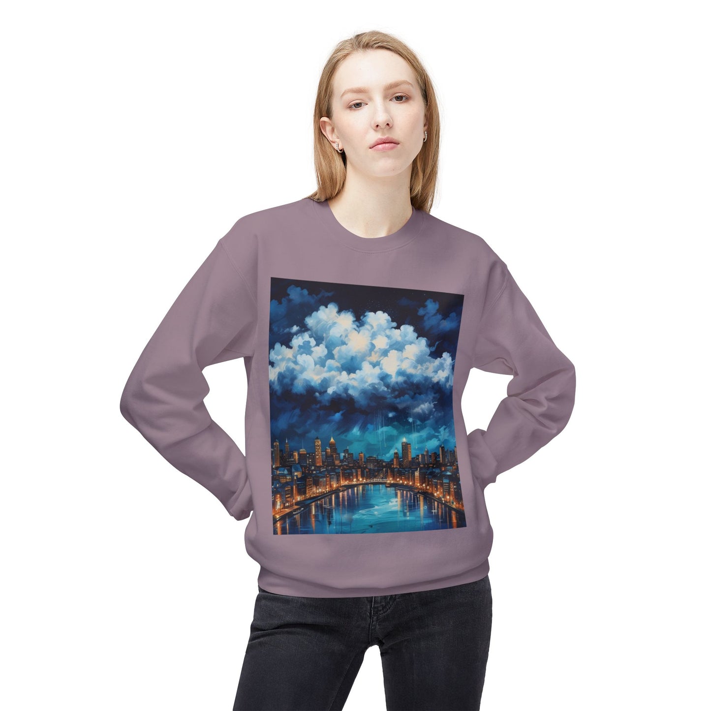 Blue Rainy City Unisex Midweight Softstyle Fleece Crewneck Sweatshirt