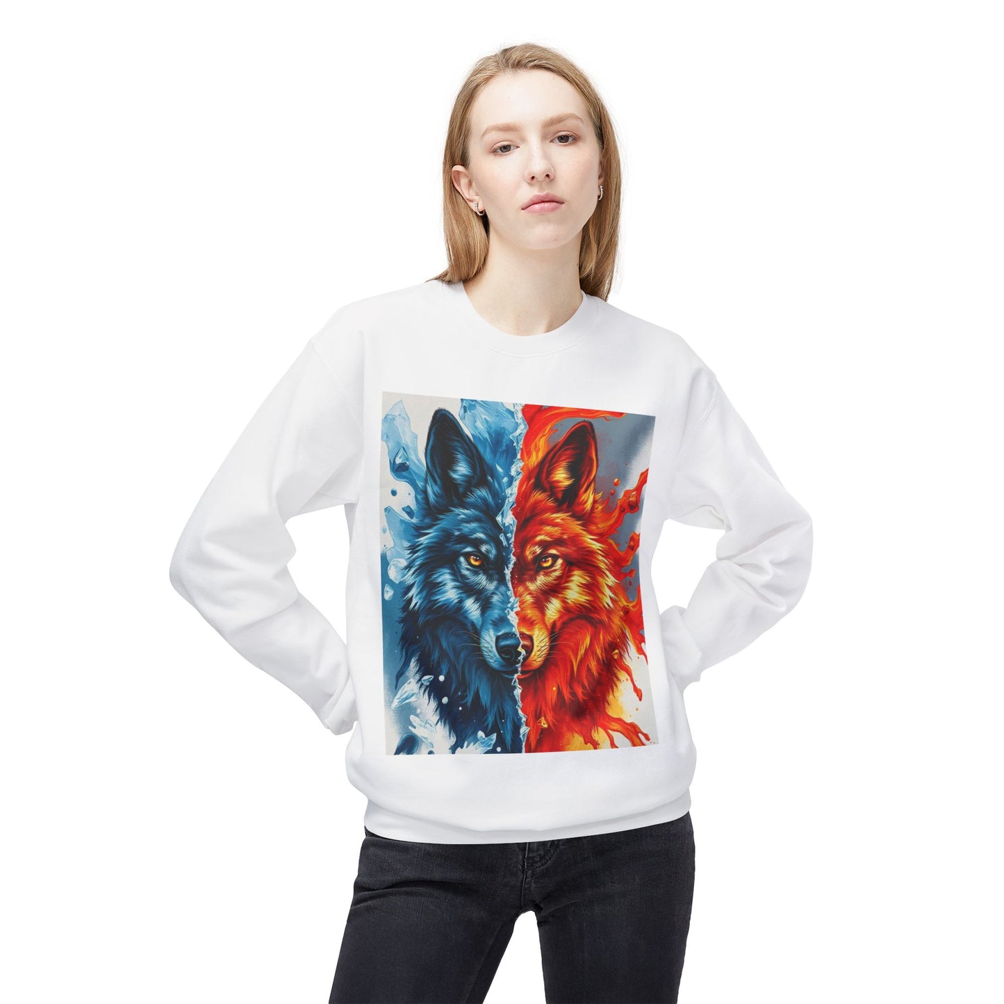 Dual Spirit Wolves Crewneck Sweatshirt | Unisex Cozy Fleece, Nature-Inspired Gift, Animal Art Apparel, Year-Round Wardrobe Essential