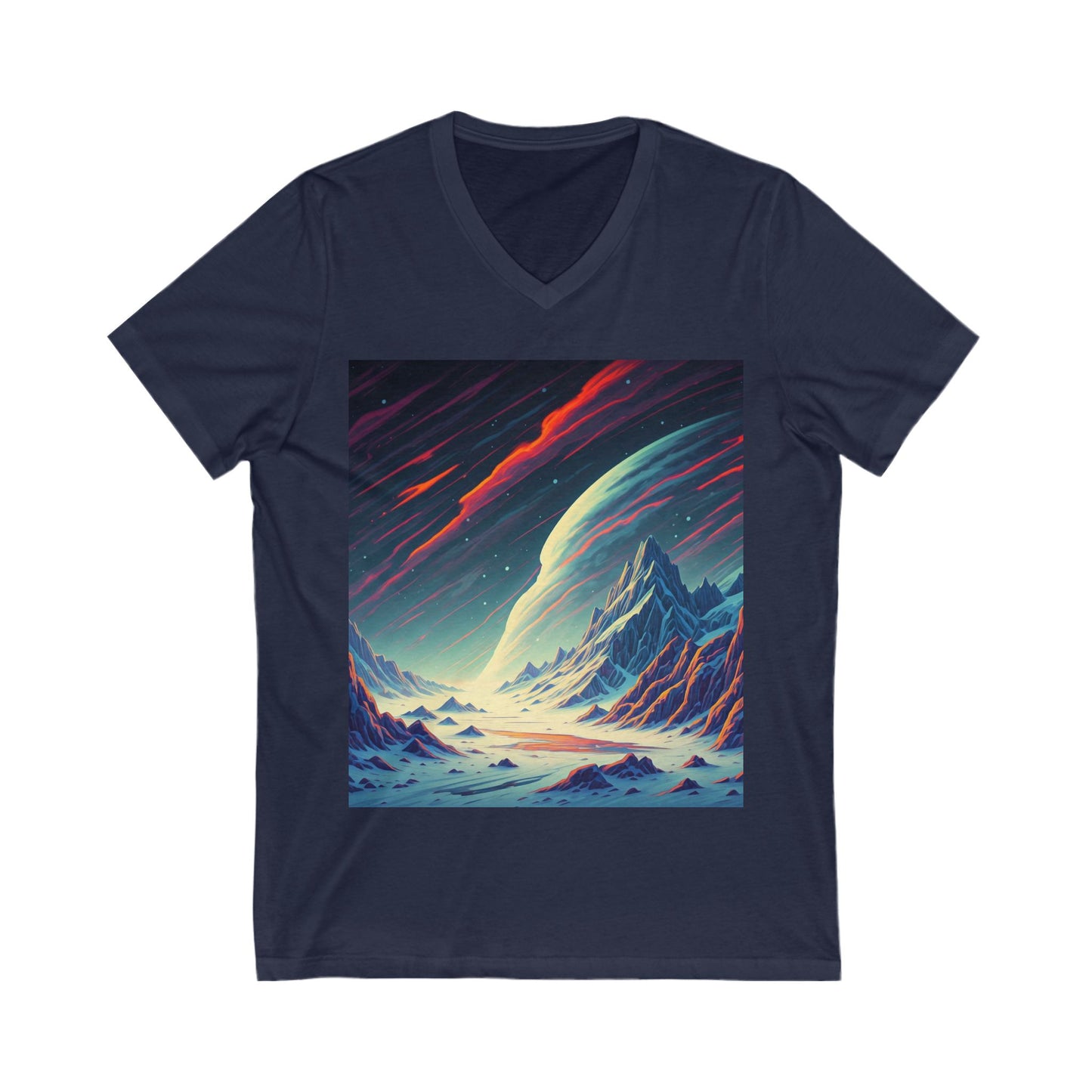 Cosmic Landscape V-Neck Tee, Unisex Graphic T-Shirt, Space Art Shirt, Gift for Stargazers, Cool Summer Top, Unique Men's & Women's Tee