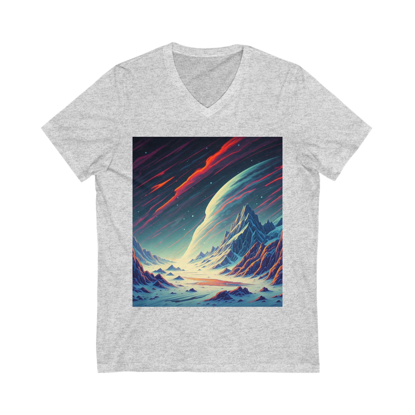 Cosmic Landscape V-Neck Tee, Unisex Graphic T-Shirt, Space Art Shirt, Gift for Stargazers, Cool Summer Top, Unique Men's & Women's Tee