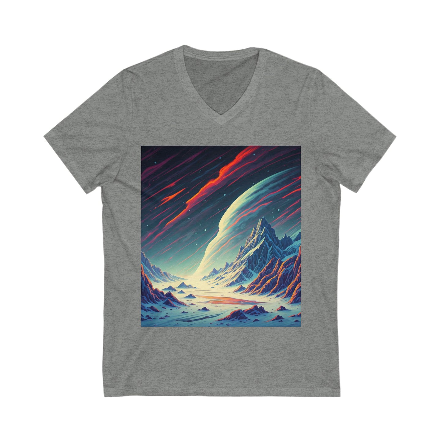 Cosmic Landscape V-Neck Tee, Unisex Graphic T-Shirt, Space Art Shirt, Gift for Stargazers, Cool Summer Top, Unique Men's & Women's Tee