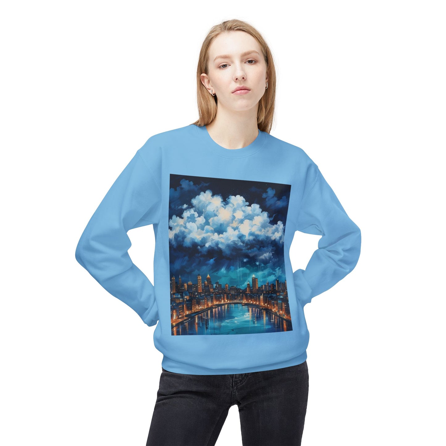 Blue Rainy City Unisex Midweight Softstyle Fleece Crewneck Sweatshirt