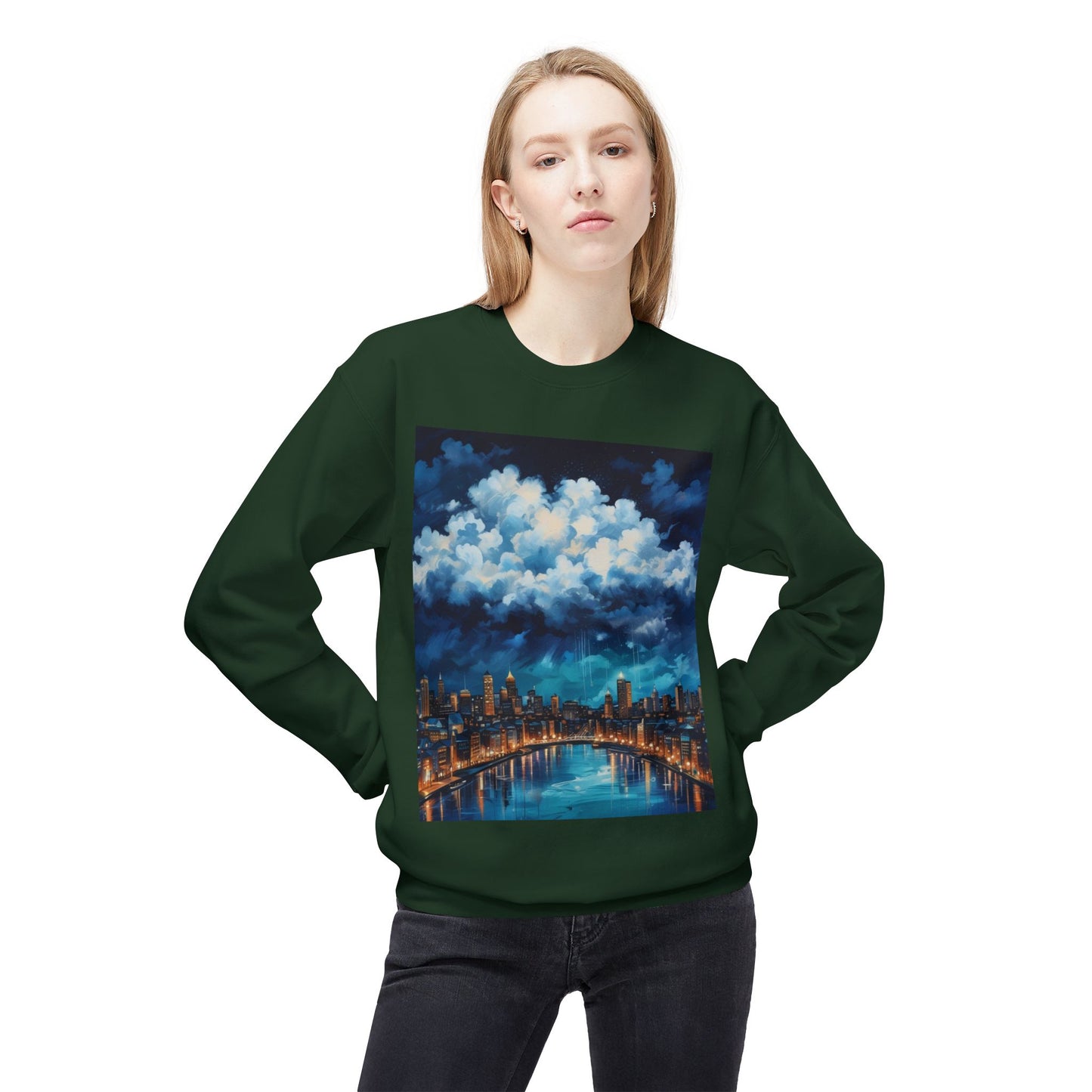 Blue Rainy City Unisex Midweight Softstyle Fleece Crewneck Sweatshirt