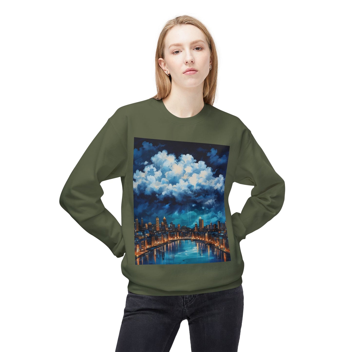 Blue Rainy City Unisex Midweight Softstyle Fleece Crewneck Sweatshirt