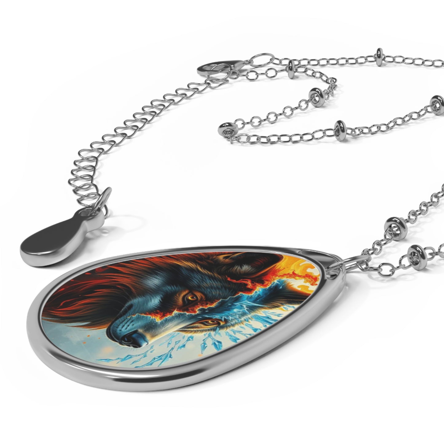 Fire & Ice Wolf Oval Necklace