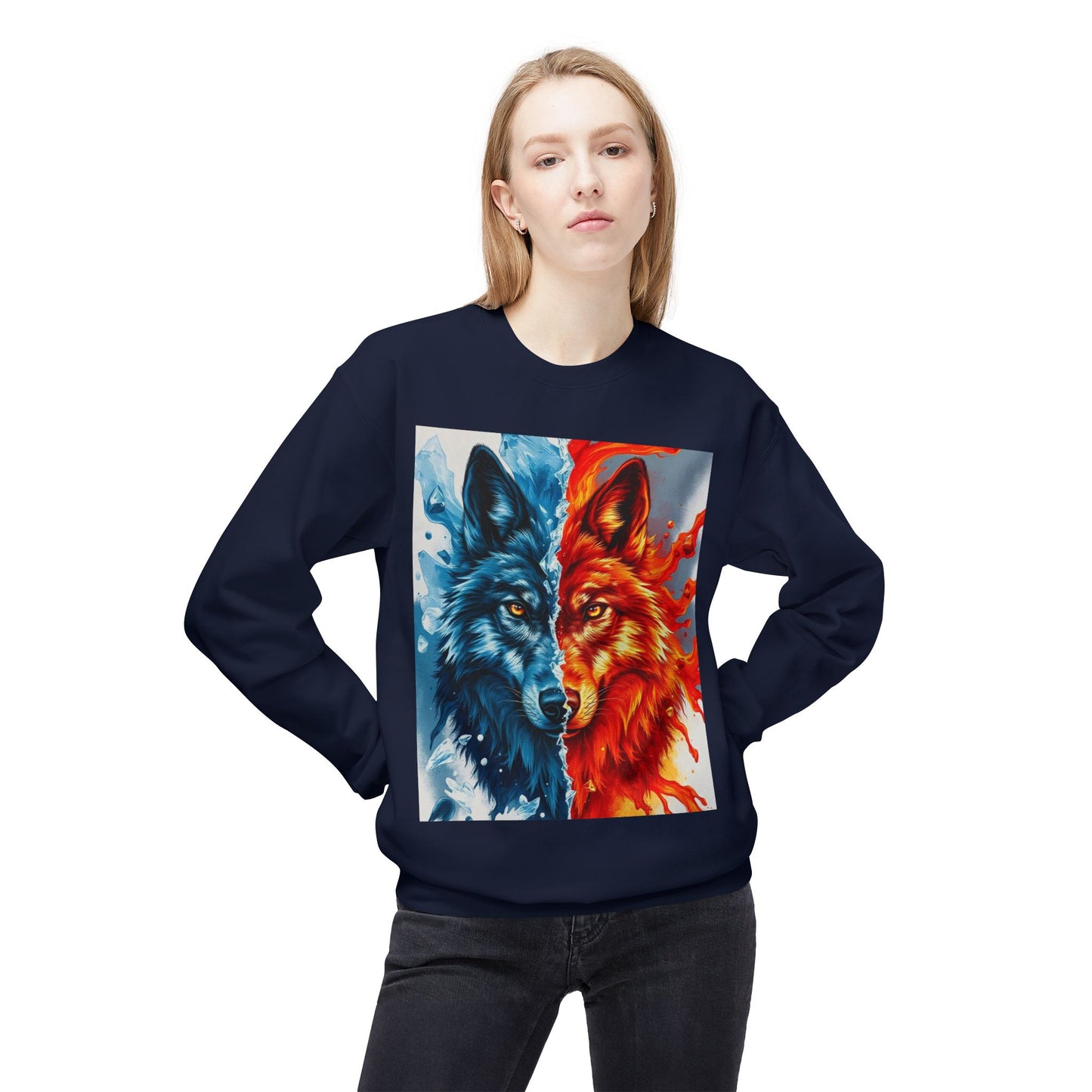 Dual Spirit Wolves Crewneck Sweatshirt | Unisex Cozy Fleece, Nature-Inspired Gift, Animal Art Apparel, Year-Round Wardrobe Essential