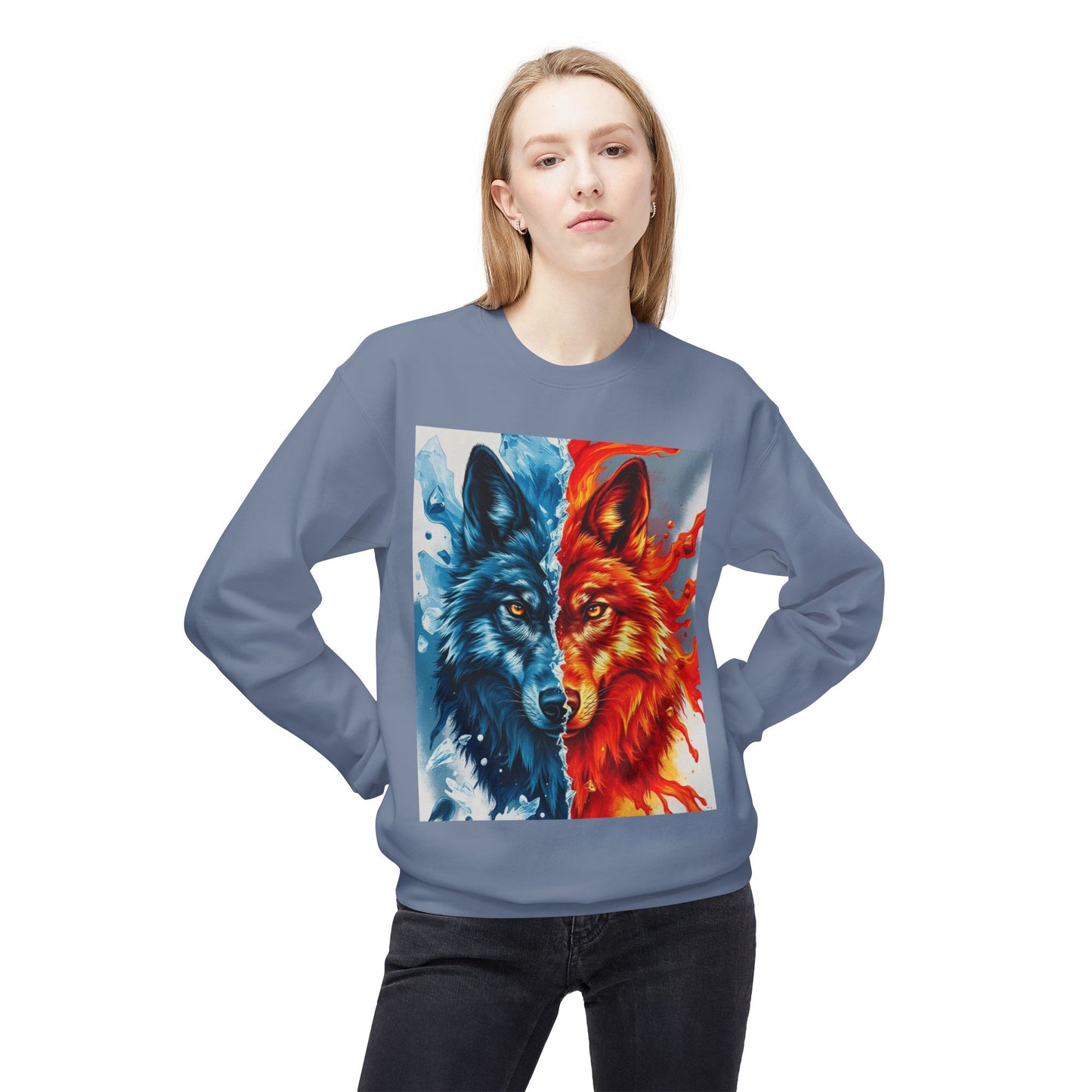 Dual Spirit Wolves Crewneck Sweatshirt | Unisex Cozy Fleece, Nature-Inspired Gift, Animal Art Apparel, Year-Round Wardrobe Essential