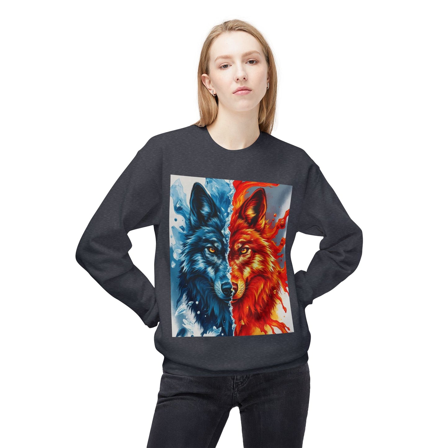 Dual Spirit Wolves Crewneck Sweatshirt | Unisex Cozy Fleece, Nature-Inspired Gift, Animal Art Apparel, Year-Round Wardrobe Essential