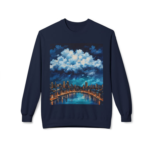 Blue Rainy City Unisex Midweight Softstyle Fleece Crewneck Sweatshirt