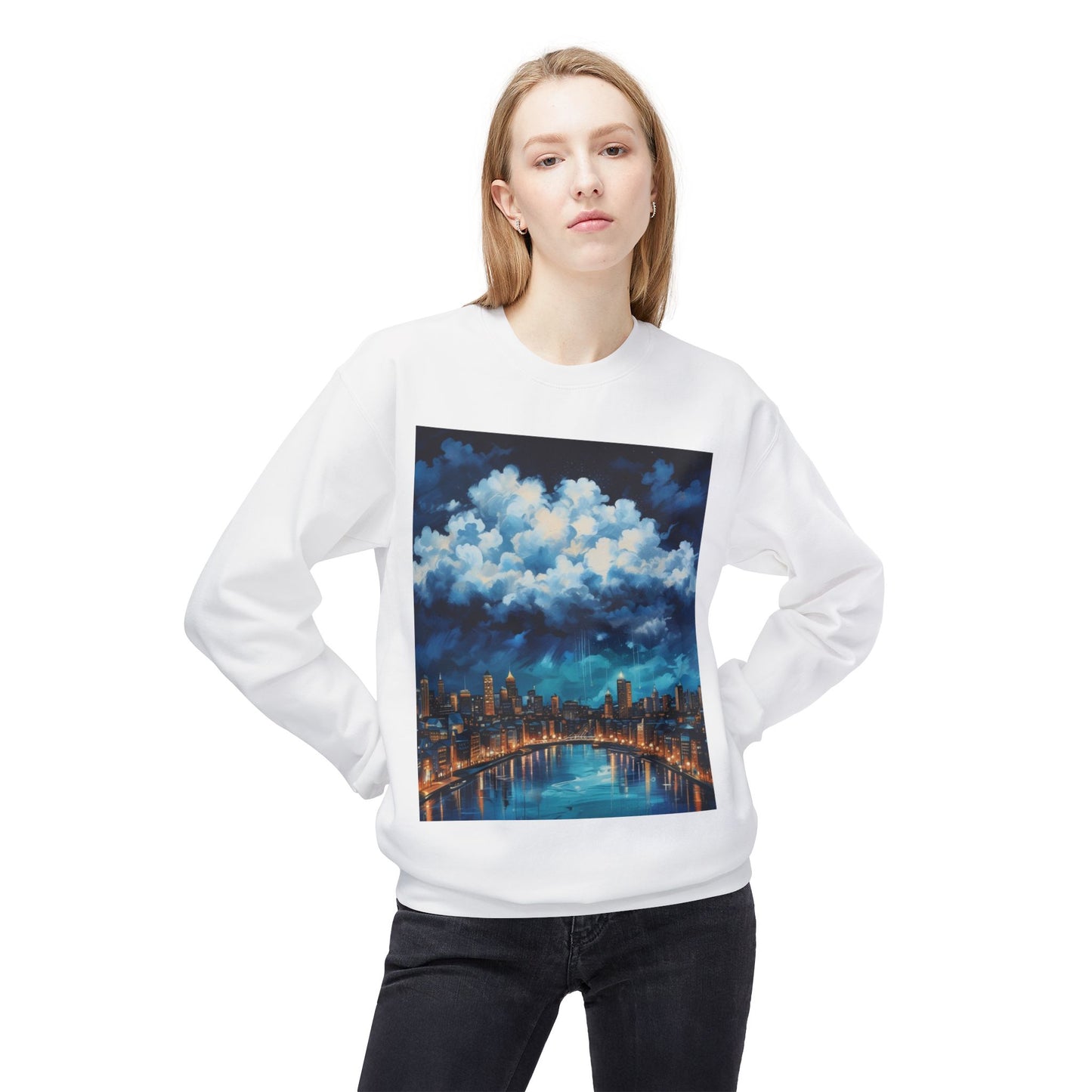 Blue Rainy City Unisex Midweight Softstyle Fleece Crewneck Sweatshirt