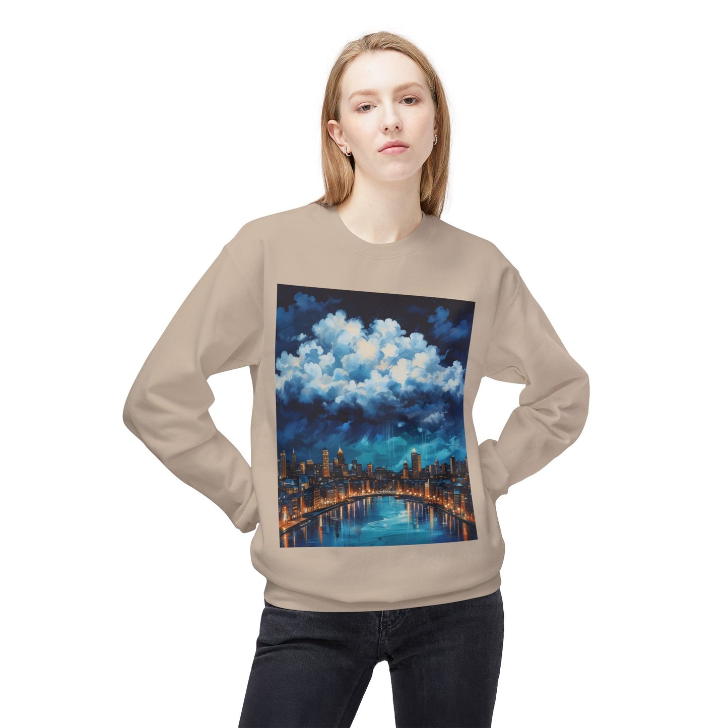 Blue Rainy City Unisex Midweight Softstyle Fleece Crewneck Sweatshirt