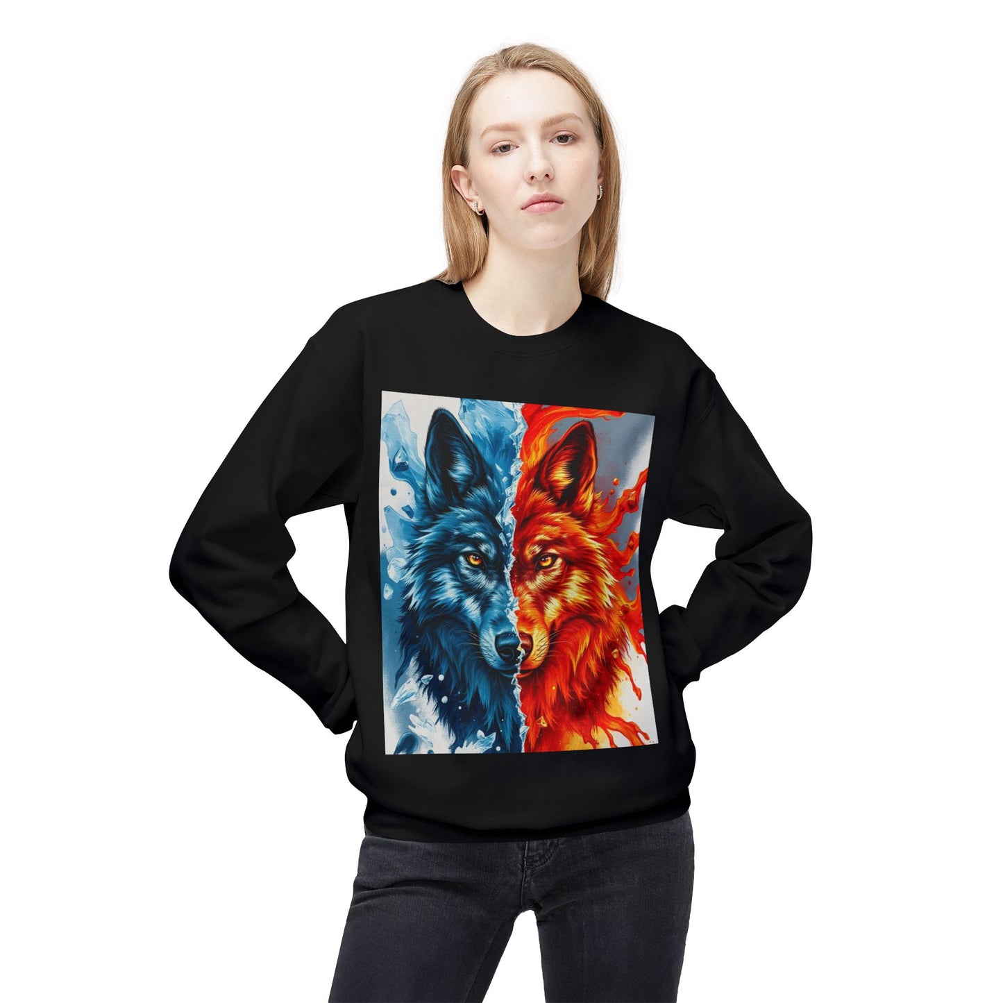 Dual Spirit Wolves Crewneck Sweatshirt | Unisex Cozy Fleece, Nature-Inspired Gift, Animal Art Apparel, Year-Round Wardrobe Essential