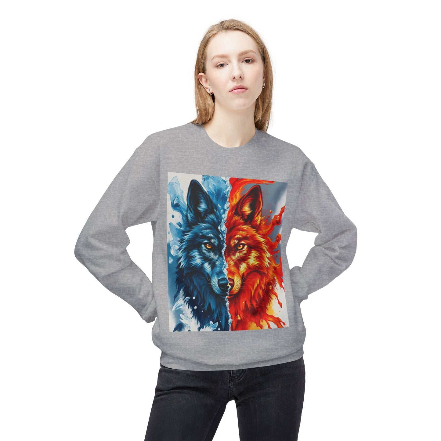 Dual Spirit Wolves Crewneck Sweatshirt | Unisex Cozy Fleece, Nature-Inspired Gift, Animal Art Apparel, Year-Round Wardrobe Essential