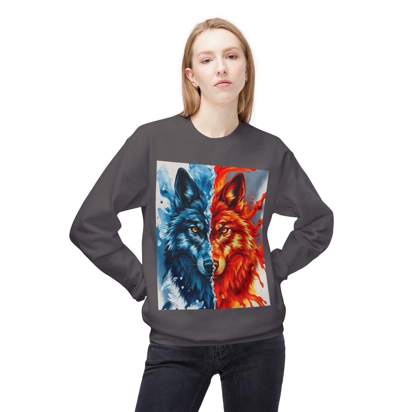 Dual Spirit Wolves Crewneck Sweatshirt | Unisex Cozy Fleece, Nature-Inspired Gift, Animal Art Apparel, Year-Round Wardrobe Essential