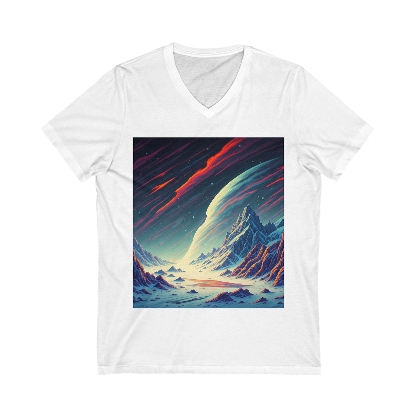 Cosmic Landscape V-Neck Tee, Unisex Graphic T-Shirt, Space Art Shirt, Gift for Stargazers, Cool Summer Top, Unique Men's & Women's Tee