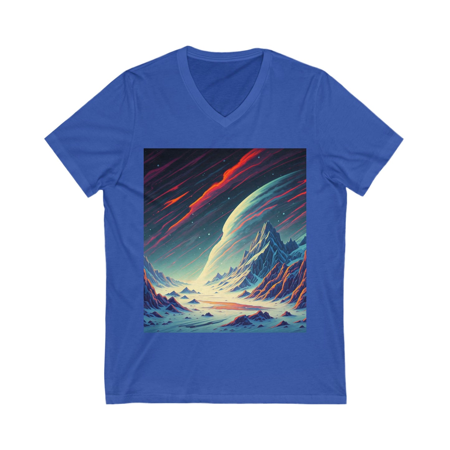 Cosmic Landscape V-Neck Tee, Unisex Graphic T-Shirt, Space Art Shirt, Gift for Stargazers, Cool Summer Top, Unique Men's & Women's Tee