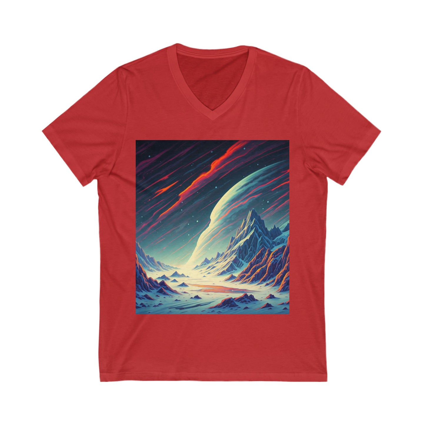 Cosmic Landscape V-Neck Tee, Unisex Graphic T-Shirt, Space Art Shirt, Gift for Stargazers, Cool Summer Top, Unique Men's & Women's Tee