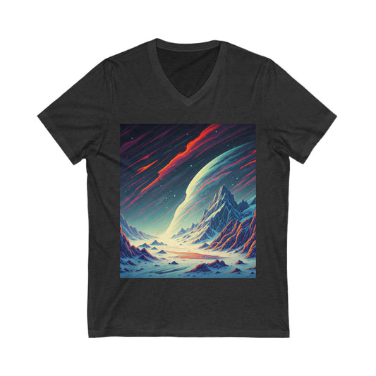 Cosmic Landscape V-Neck Tee, Unisex Graphic T-Shirt, Space Art Shirt, Gift for Stargazers, Cool Summer Top, Unique Men's & Women's Tee