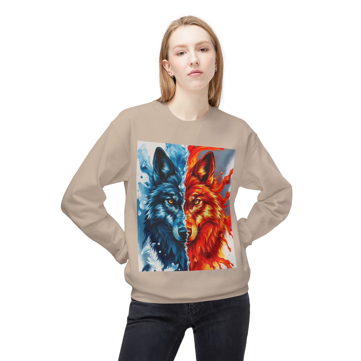 Dual Spirit Wolves Crewneck Sweatshirt | Unisex Cozy Fleece, Nature-Inspired Gift, Animal Art Apparel, Year-Round Wardrobe Essential