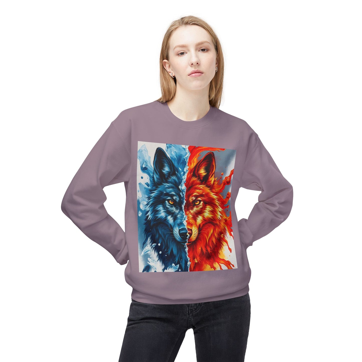Dual Spirit Wolves Crewneck Sweatshirt | Unisex Cozy Fleece, Nature-Inspired Gift, Animal Art Apparel, Year-Round Wardrobe Essential
