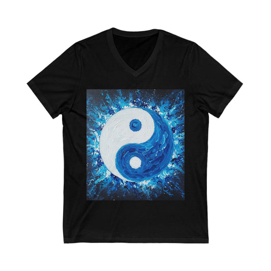 Yin Yang V-Neck Tee, Unisex Short Sleeve Shirt, Bohemian Style Top, Meditation Apparel, Gift for Yoga Lovers, Harmony Fashion
