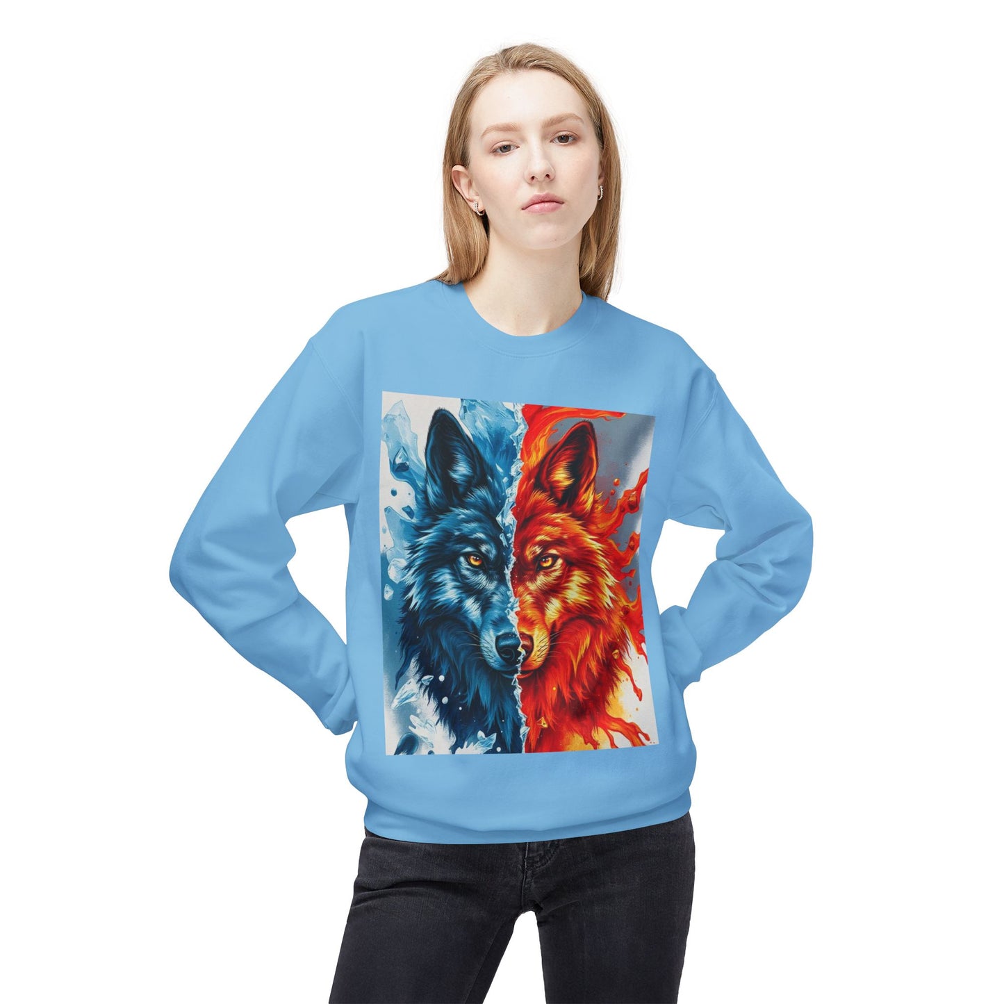 Dual Spirit Wolves Crewneck Sweatshirt | Unisex Cozy Fleece, Nature-Inspired Gift, Animal Art Apparel, Year-Round Wardrobe Essential