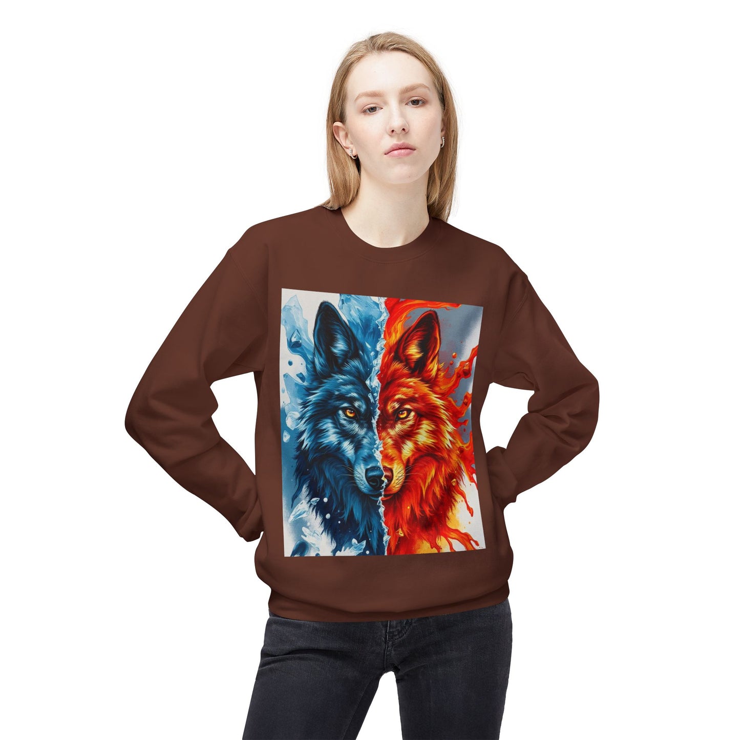 Dual Spirit Wolves Crewneck Sweatshirt | Unisex Cozy Fleece, Nature-Inspired Gift, Animal Art Apparel, Year-Round Wardrobe Essential