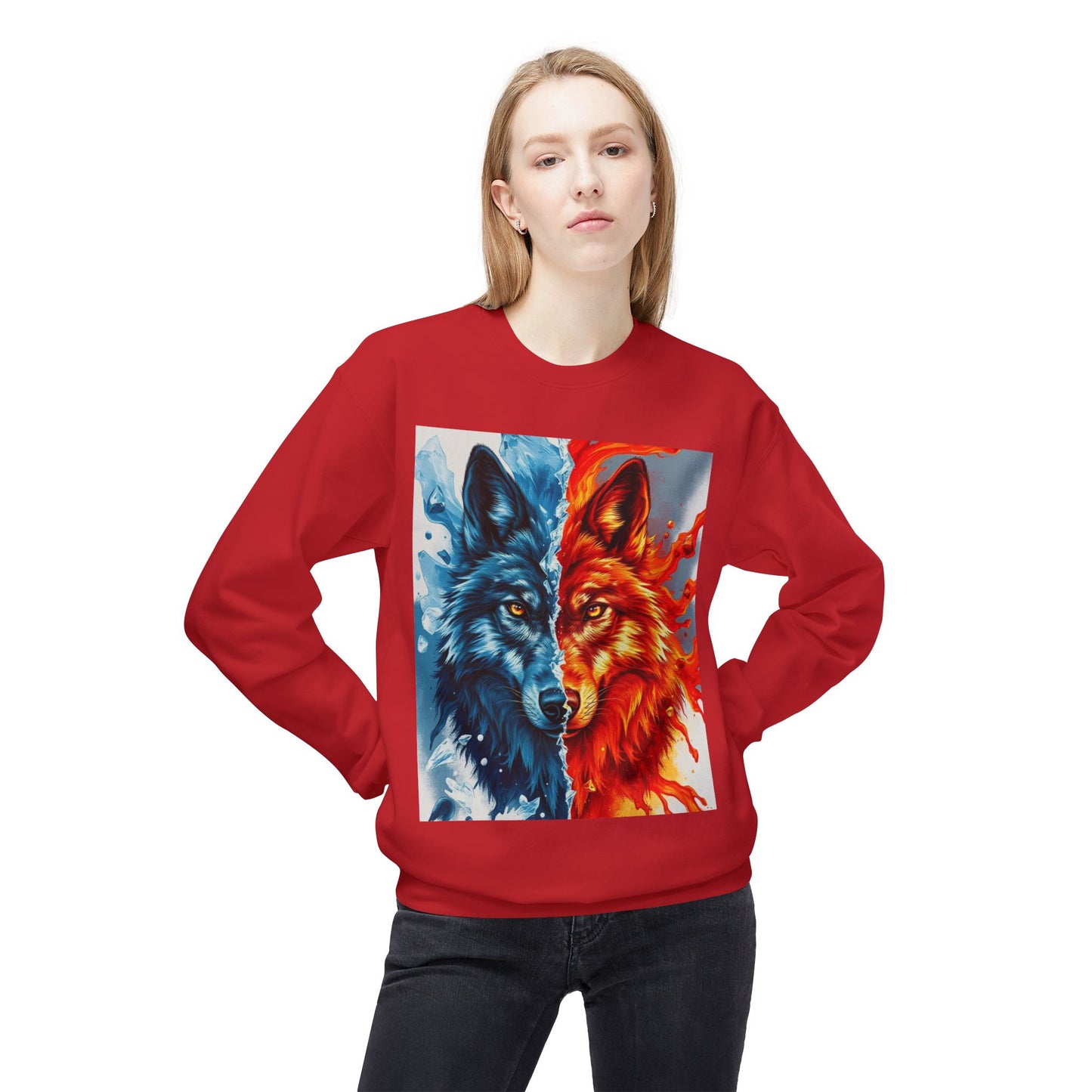 Dual Spirit Wolves Crewneck Sweatshirt | Unisex Cozy Fleece, Nature-Inspired Gift, Animal Art Apparel, Year-Round Wardrobe Essential