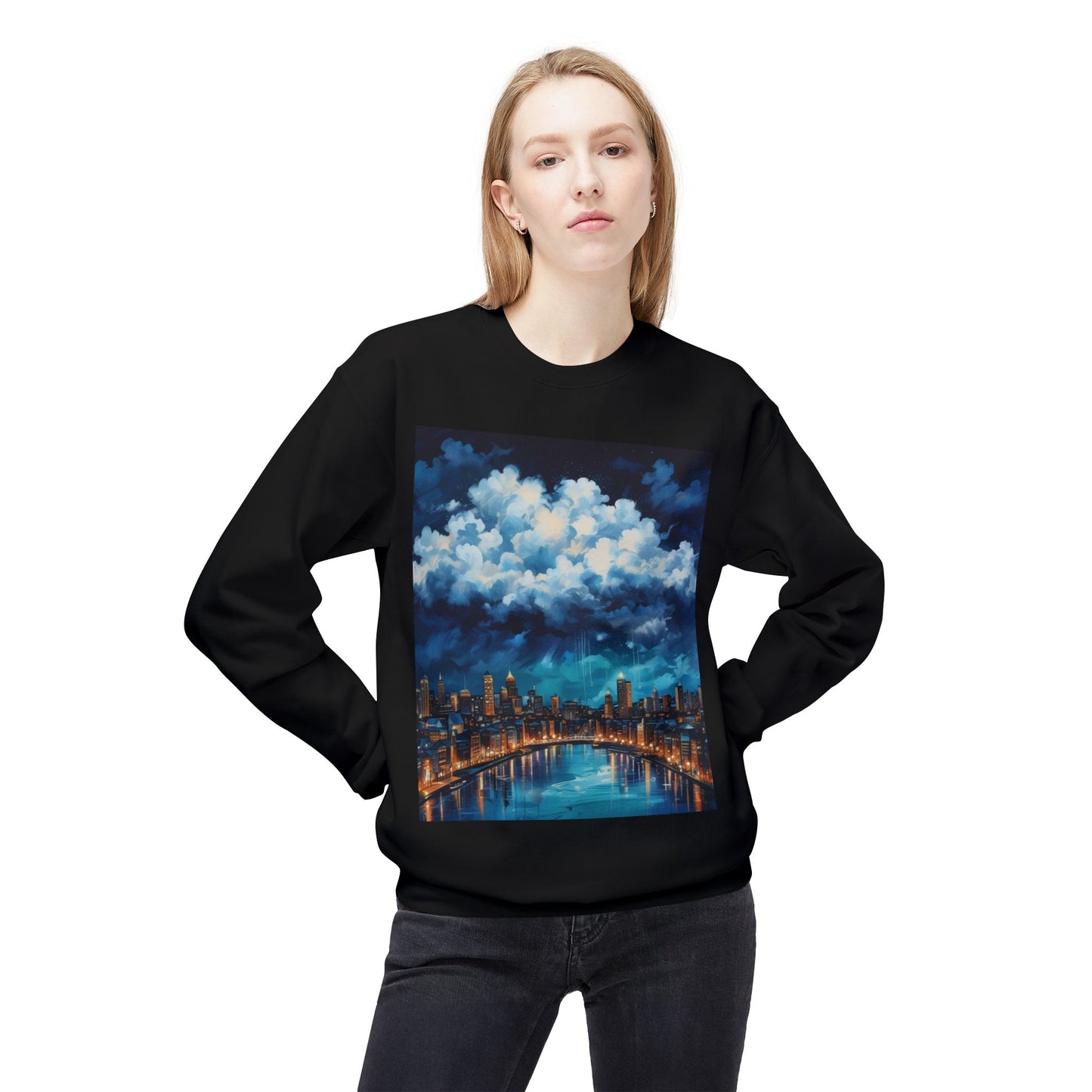 Blue Rainy City Unisex Midweight Softstyle Fleece Crewneck Sweatshirt