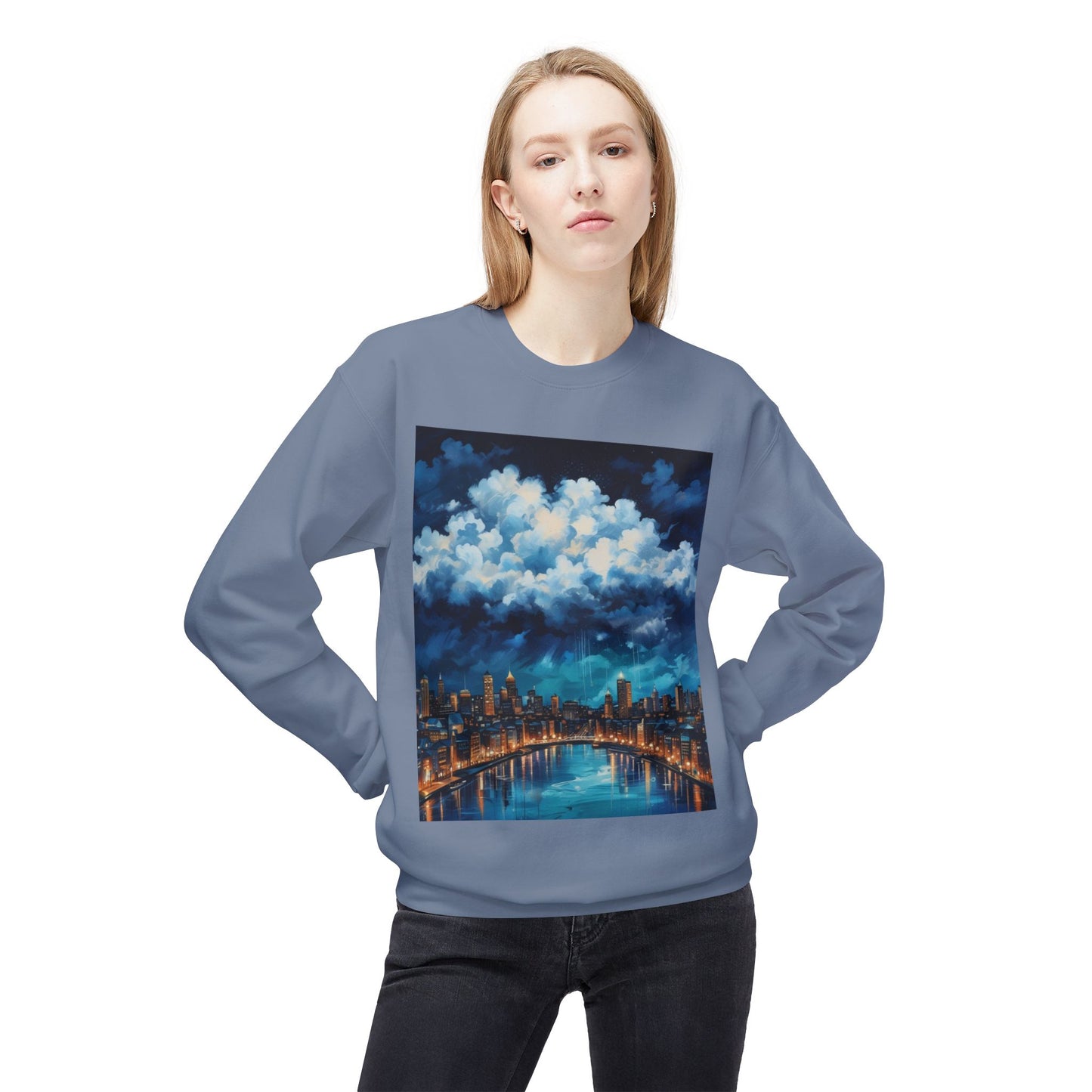 Blue Rainy City Unisex Midweight Softstyle Fleece Crewneck Sweatshirt