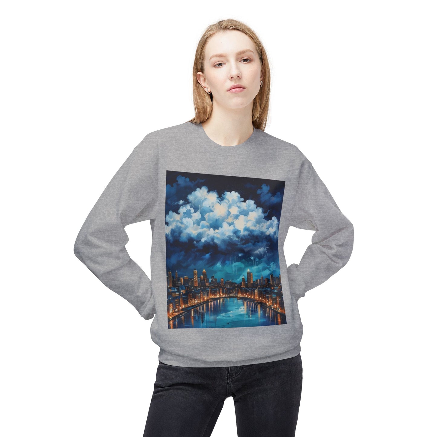 Blue Rainy City Unisex Midweight Softstyle Fleece Crewneck Sweatshirt