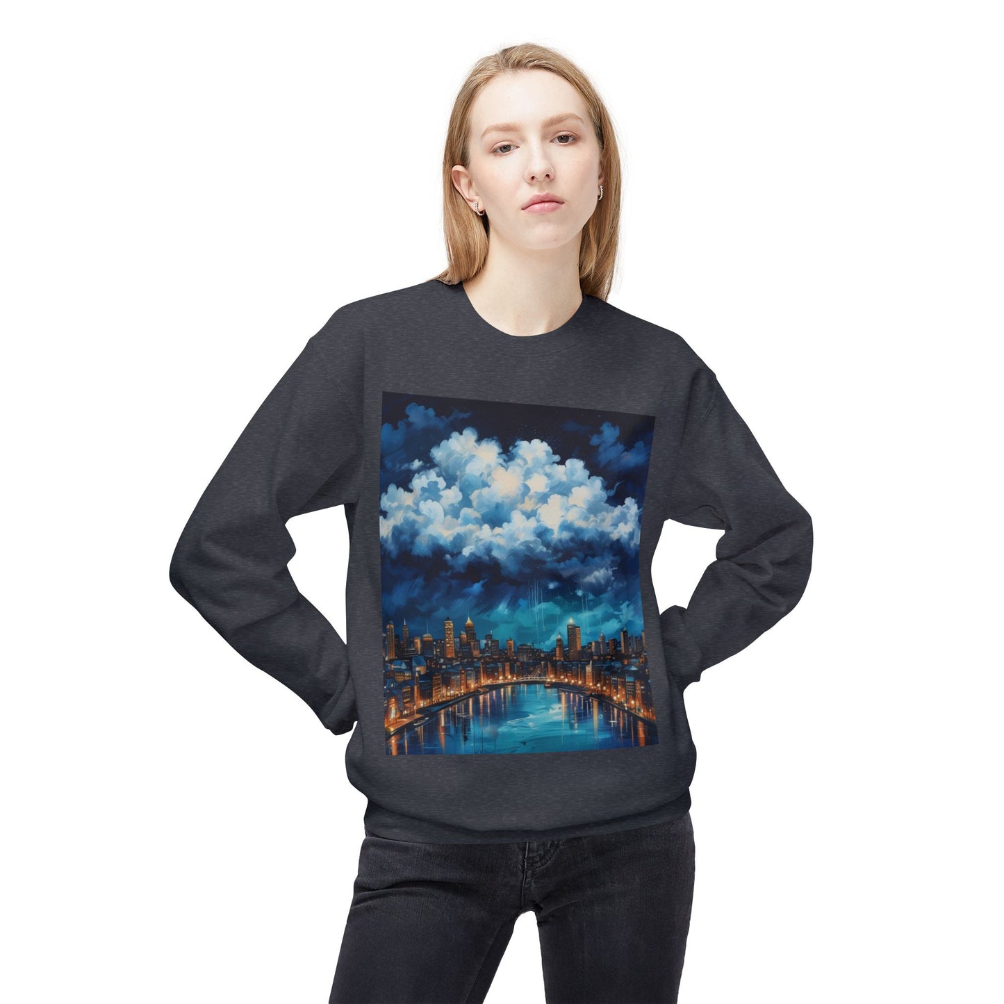 Blue Rainy City Unisex Midweight Softstyle Fleece Crewneck Sweatshirt