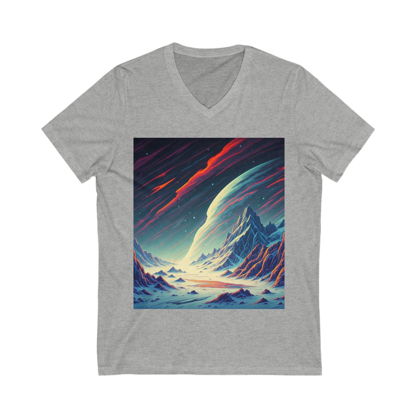 Cosmic Landscape V-Neck Tee, Unisex Graphic T-Shirt, Space Art Shirt, Gift for Stargazers, Cool Summer Top, Unique Men's & Women's Tee