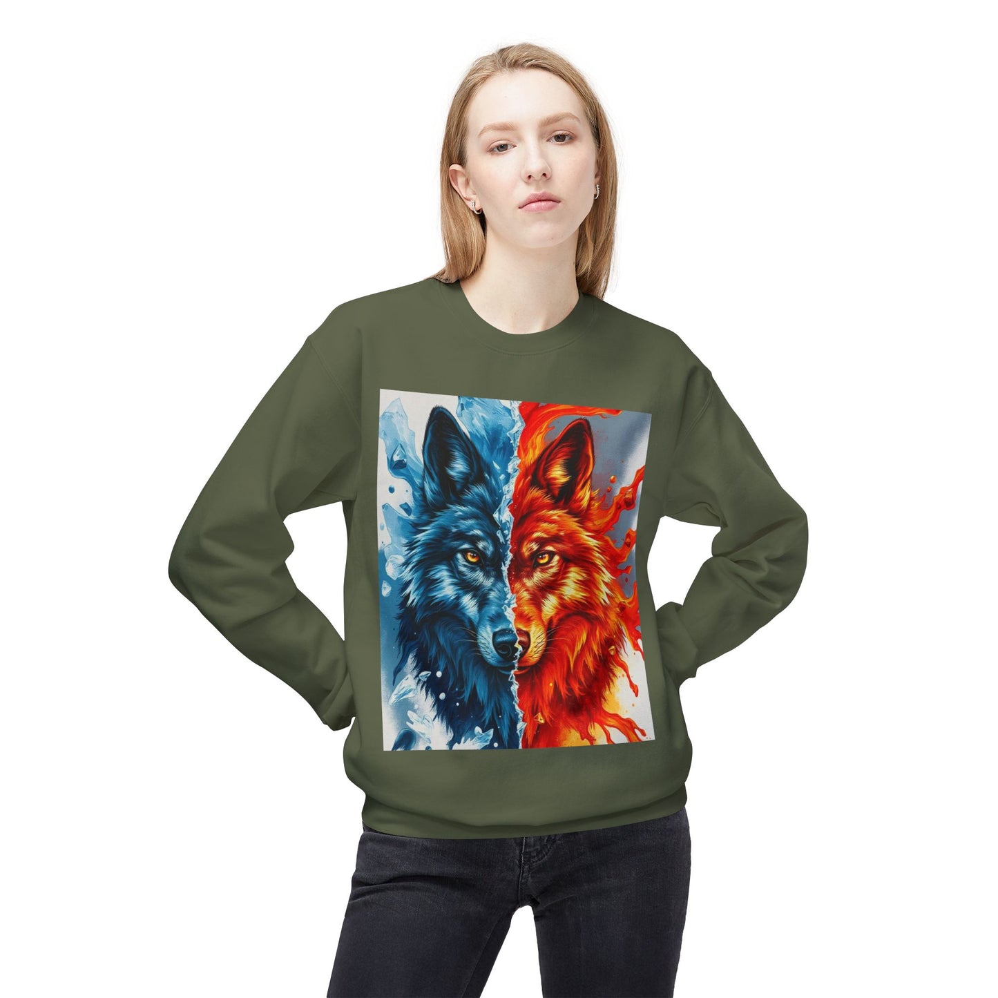 Dual Spirit Wolves Crewneck Sweatshirt | Unisex Cozy Fleece, Nature-Inspired Gift, Animal Art Apparel, Year-Round Wardrobe Essential