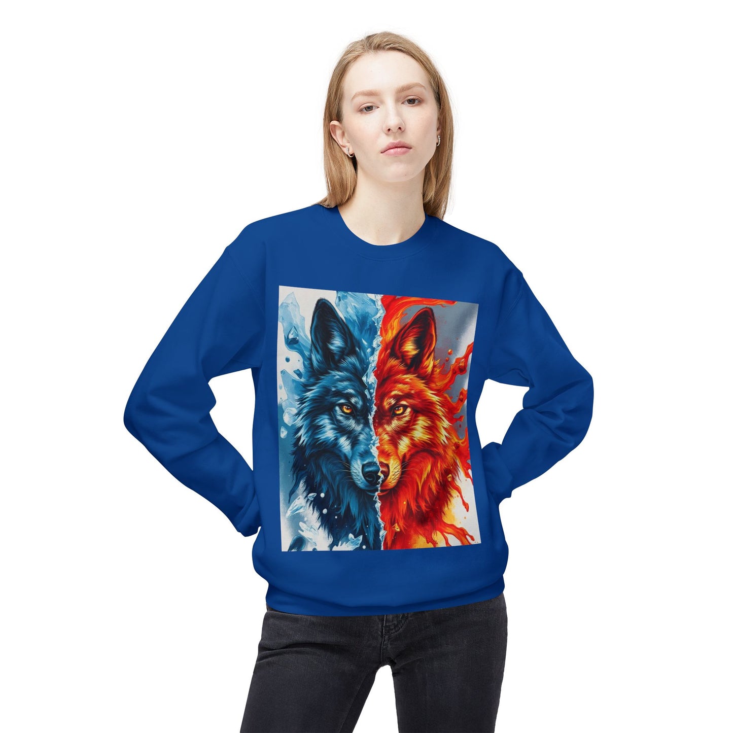Dual Spirit Wolves Crewneck Sweatshirt | Unisex Cozy Fleece, Nature-Inspired Gift, Animal Art Apparel, Year-Round Wardrobe Essential