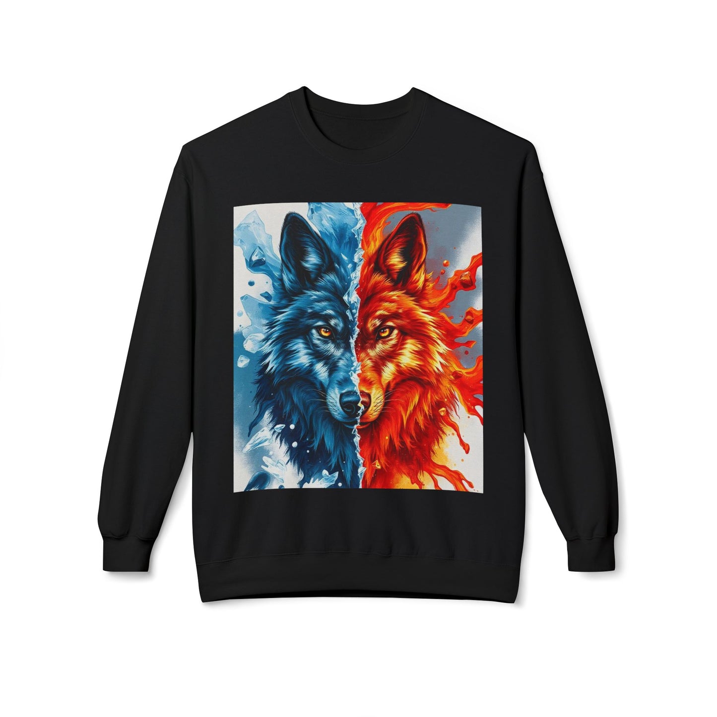 Dual Spirit Wolves Crewneck Sweatshirt | Unisex Cozy Fleece, Nature-Inspired Gift, Animal Art Apparel, Year-Round Wardrobe Essential