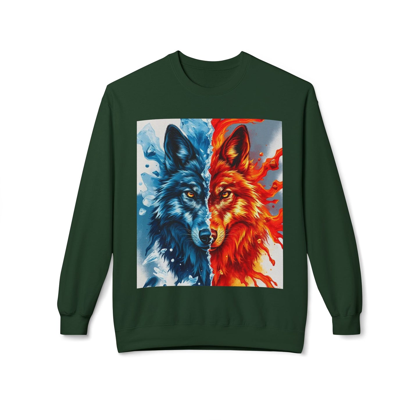 Dual Spirit Wolves Crewneck Sweatshirt | Unisex Cozy Fleece, Nature-Inspired Gift, Animal Art Apparel, Year-Round Wardrobe Essential