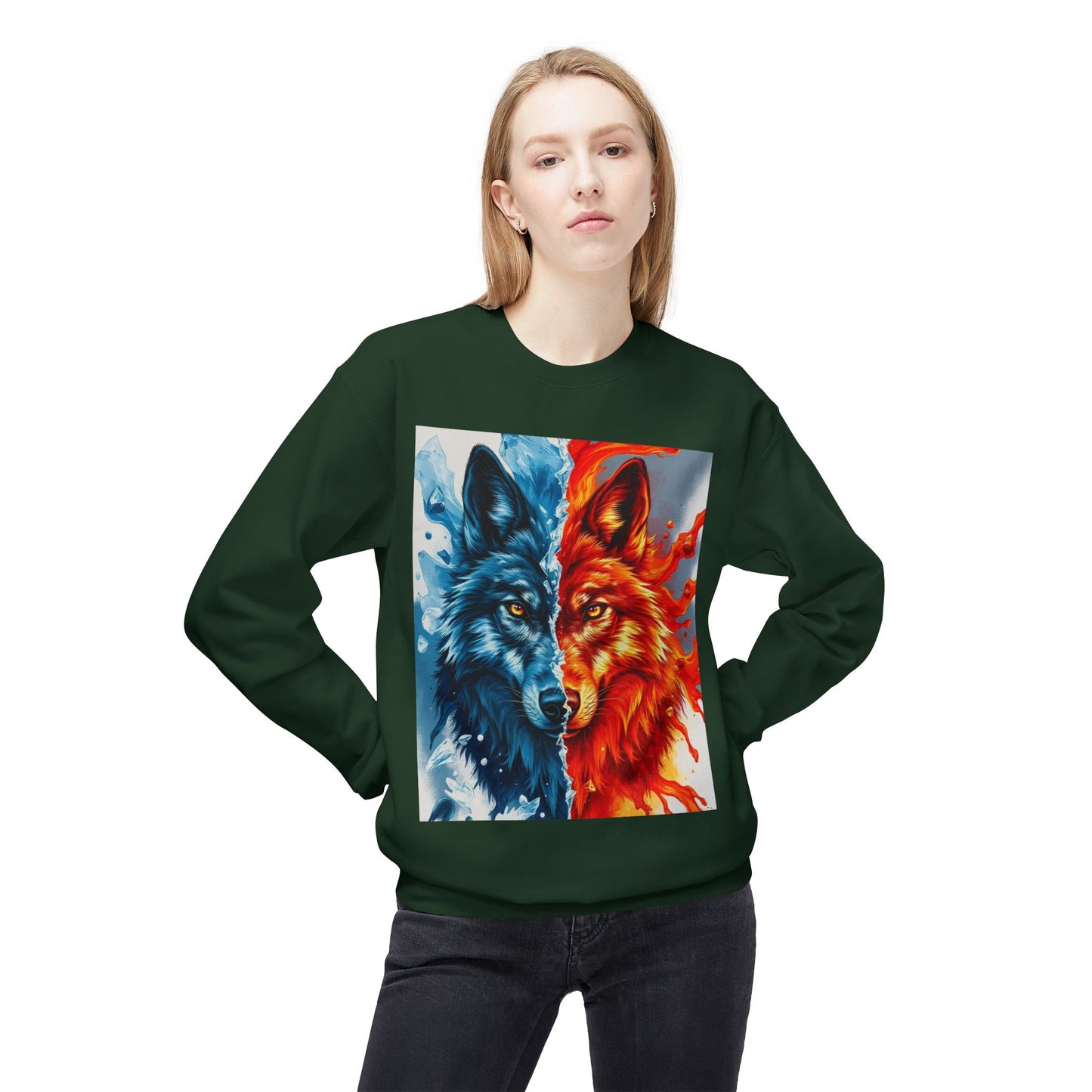 Dual Spirit Wolves Crewneck Sweatshirt | Unisex Cozy Fleece, Nature-Inspired Gift, Animal Art Apparel, Year-Round Wardrobe Essential