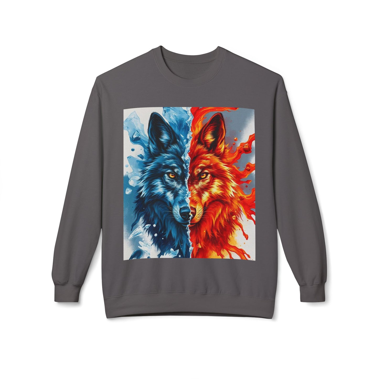 Dual Spirit Wolves Crewneck Sweatshirt | Unisex Cozy Fleece, Nature-Inspired Gift, Animal Art Apparel, Year-Round Wardrobe Essential