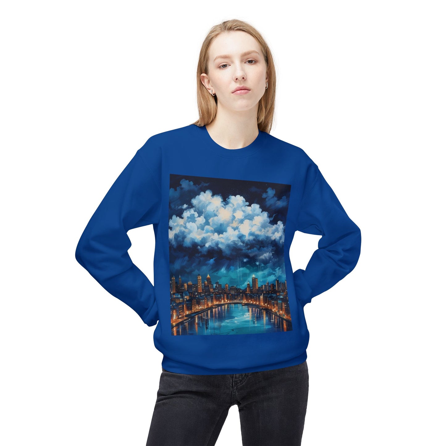 Blue Rainy City Unisex Midweight Softstyle Fleece Crewneck Sweatshirt